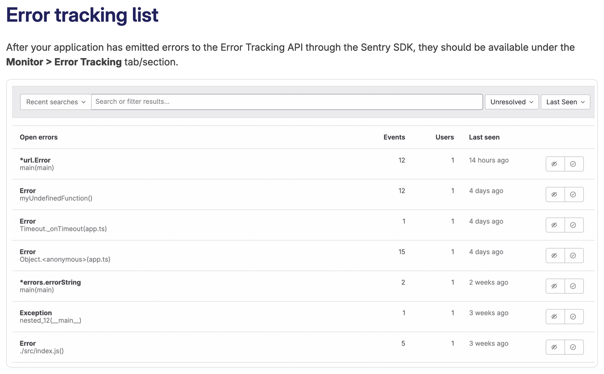 Gitlab Error Tracking page